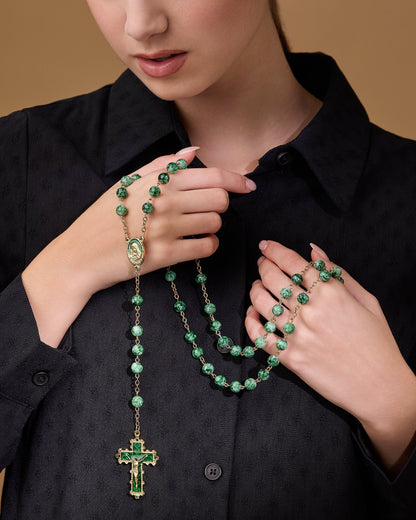 Virgin Mary and Child Rosary with Dark Green Glass Beads