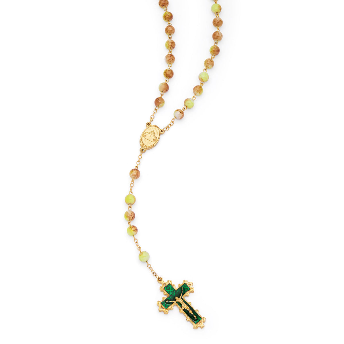 Virgin Mary and Child Rosary with Green and Yellow Glass Beads