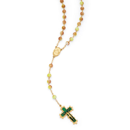 Virgin Mary and Child Rosary with Green and Yellow Glass Beads