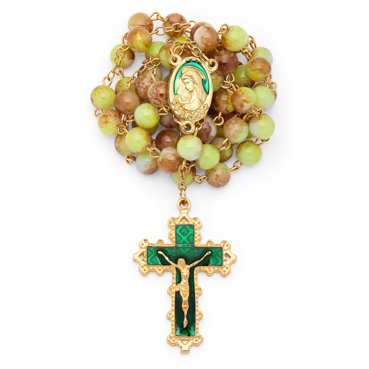 Virgin Mary and Child Rosary with Green and Yellow Glass Beads