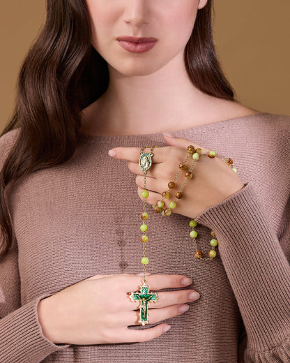 Virgin Mary and Child Rosary with Green and Yellow Glass Beads