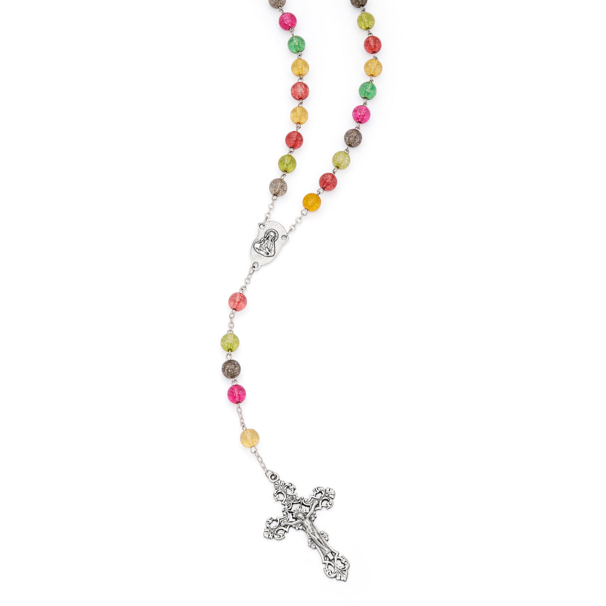 Virgin Mary and Child Rosary with Multicolor Glitter Beads
