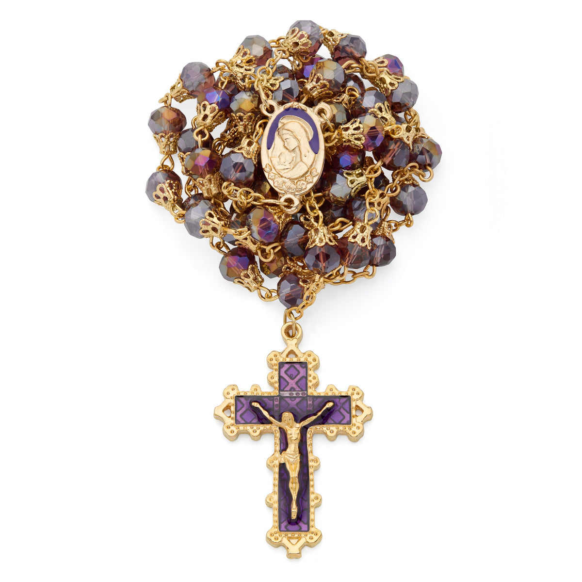 Virgin Mary and Child Rosary with Purple Balloon-shape Crystal Beads
