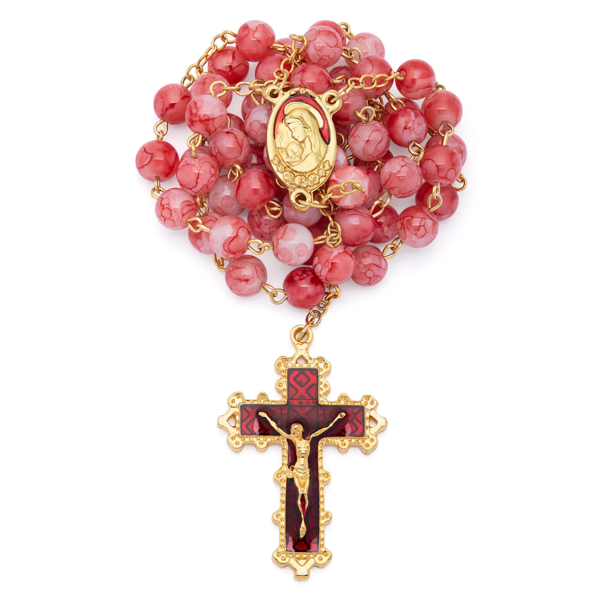 Virgin Mary and Child Rosary with Red Coral Glass Beads