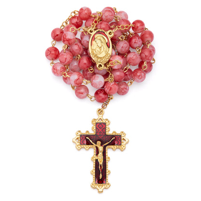Virgin Mary and Child Rosary with Red Coral Glass Beads