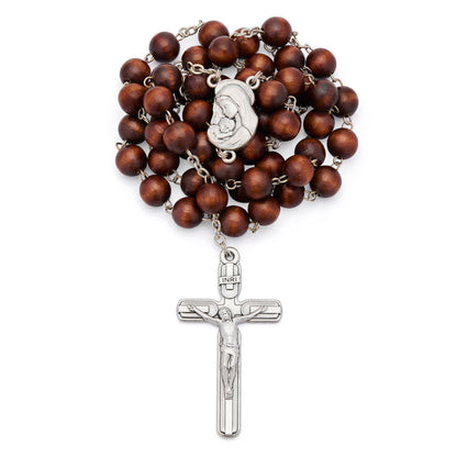 Virgin Mary and Child Rosary with Wood Beads