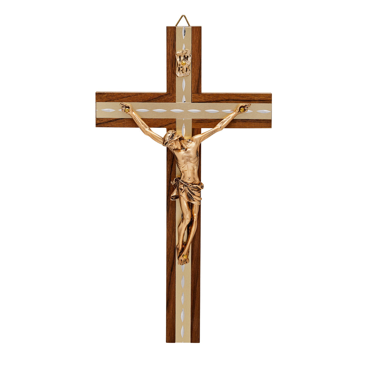 Walnut Wood Crucifix with Inlays and Gold Details