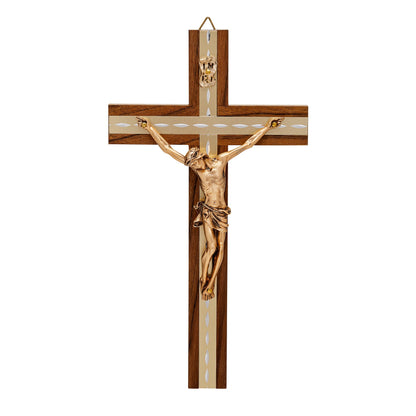 Walnut Wood Crucifix with Inlays and Gold Details