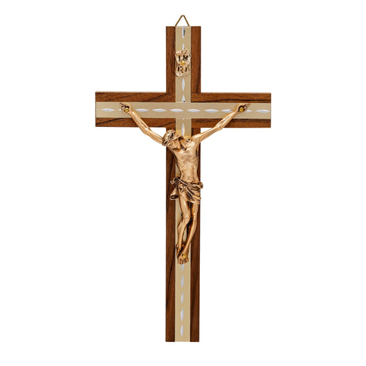 Walnut Wood Crucifix with Inlays and Gold Details