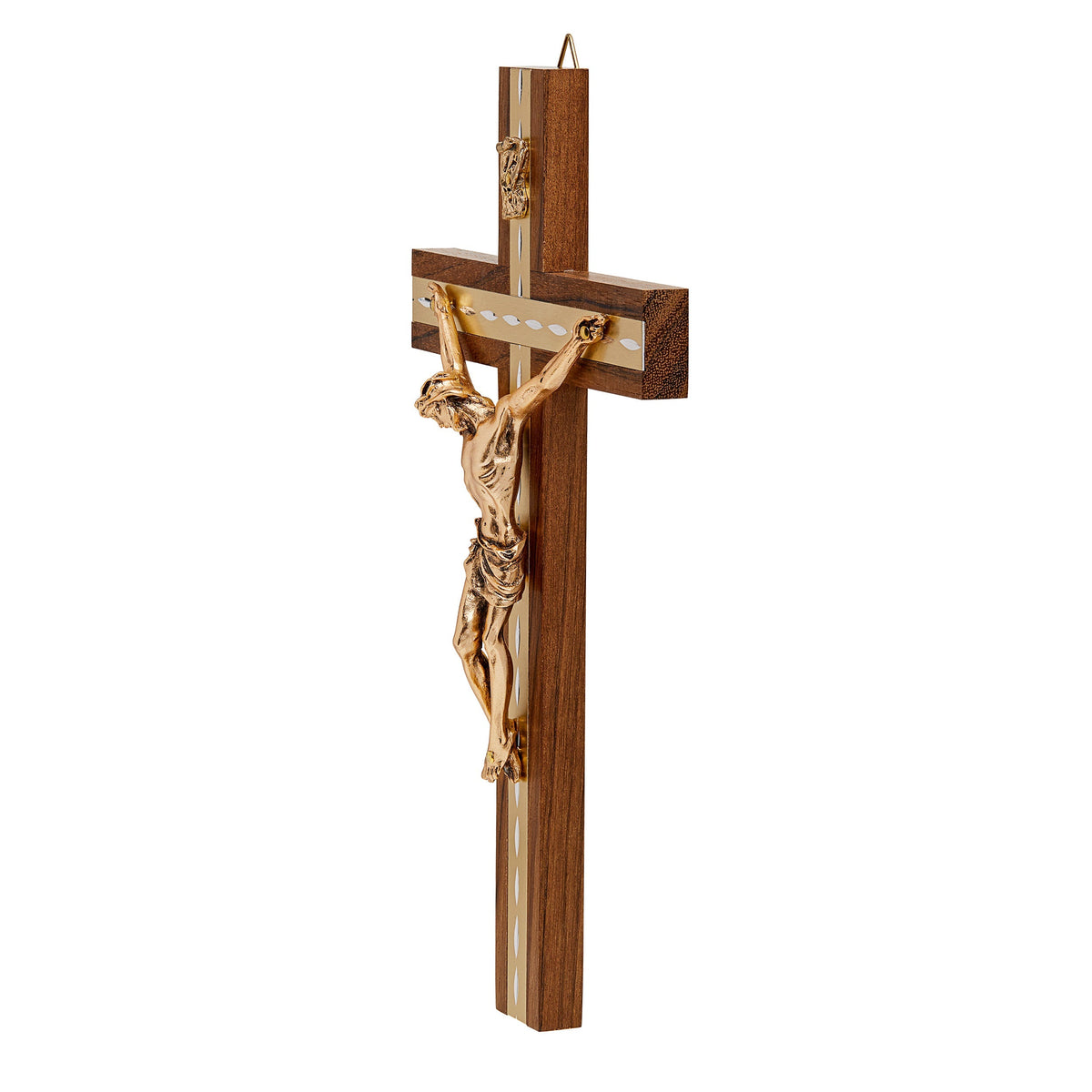 Walnut Wood Crucifix with Inlays and Gold Details