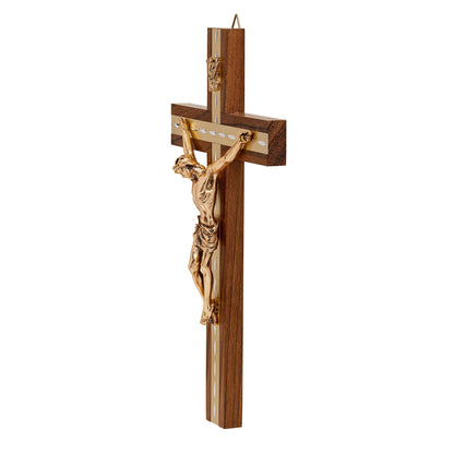 Walnut Wood Crucifix with Inlays and Gold Details