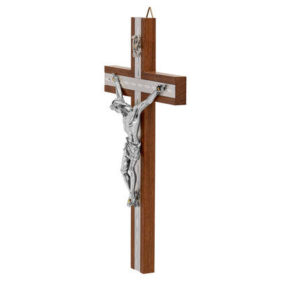 Walnut Wood Crucifix With Inlays and Silver Details