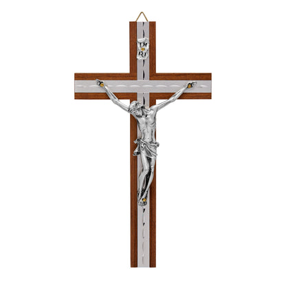 Walnut Wood Crucifix With Inlays and Silver Details
