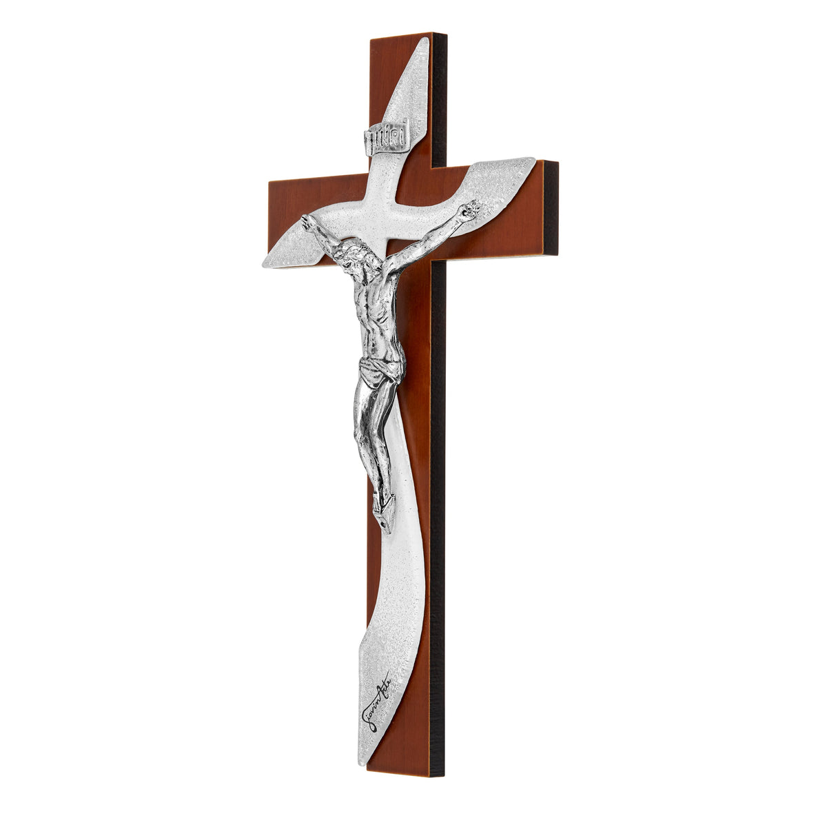 Walnut Wood Crucifix with White Murano Glass and Glitter
