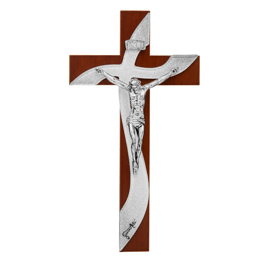 Walnut Wood Crucifix with White Murano Glass and Glitter