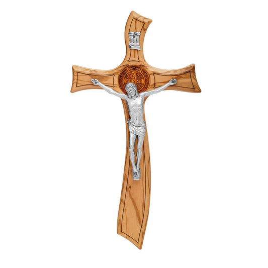 Wavy Olive Wood St. Benedict Crucifix