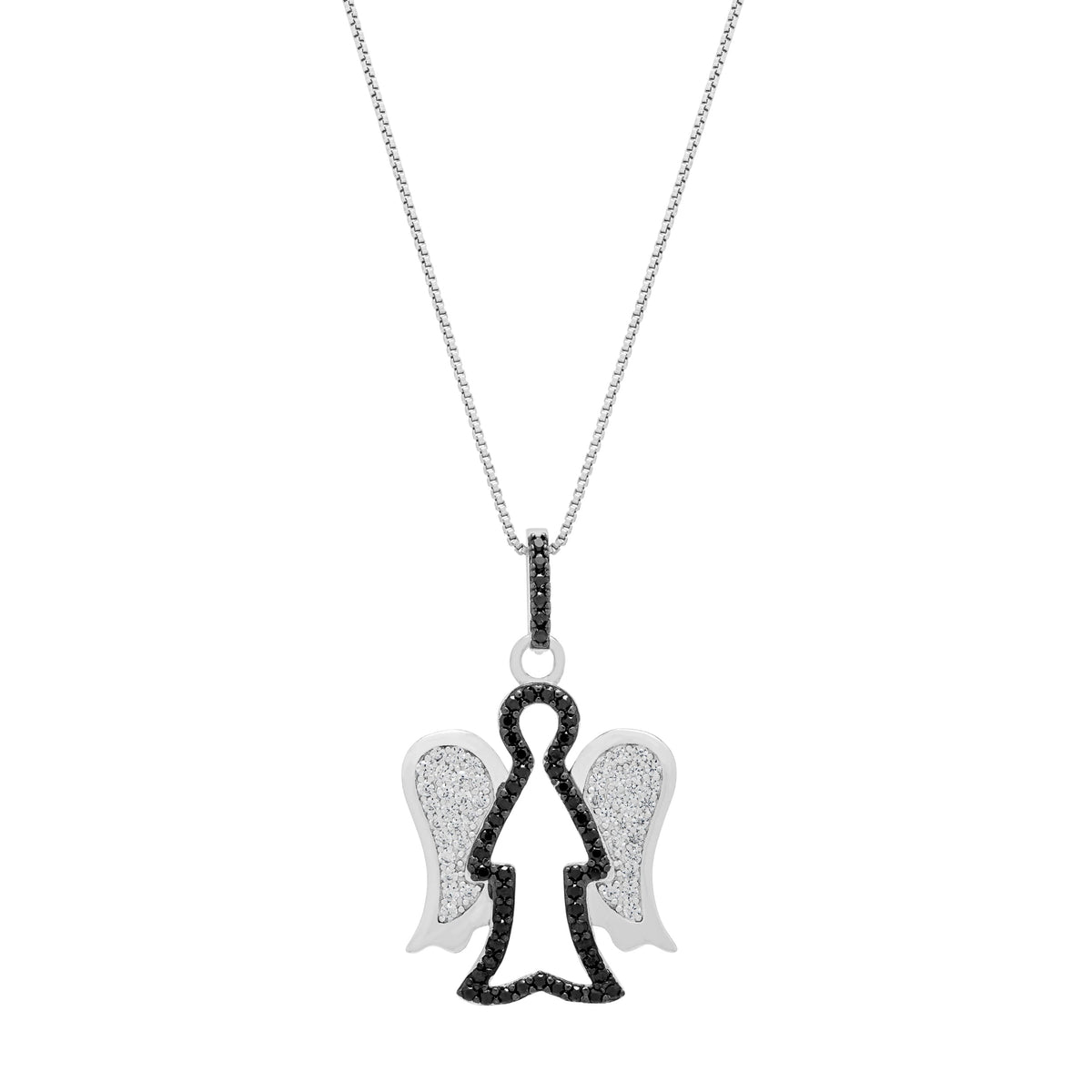 Sterling Silver Angel-shaped Pendant With Black Crystals and Chain