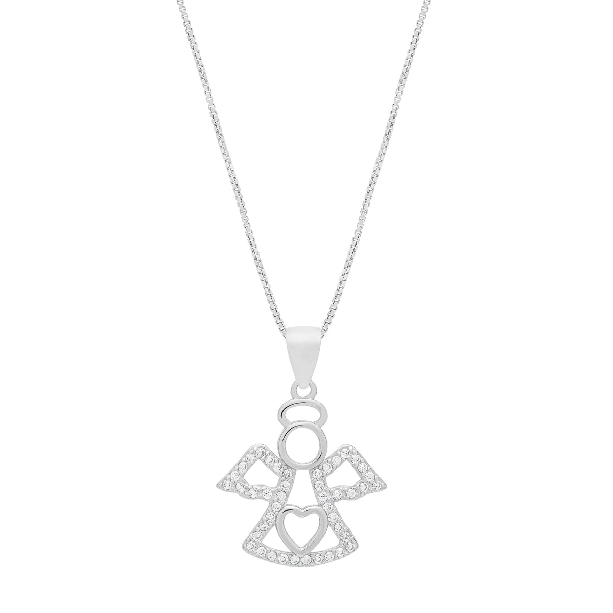 Sterling Silver Angel-shaped Pendant With Heart Inside With Crystals and Chain