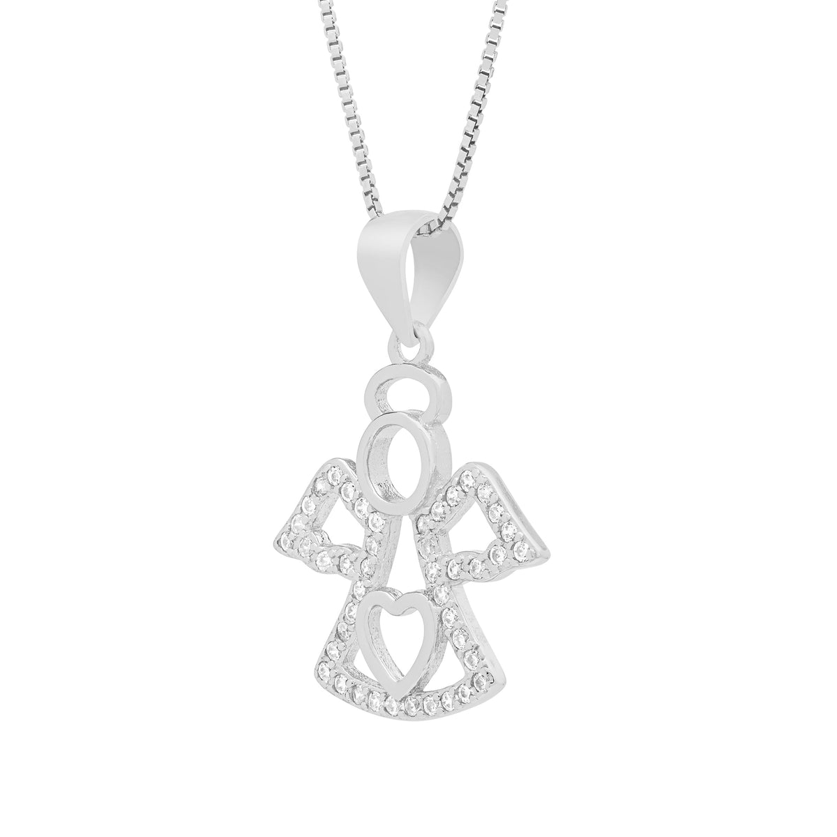 Sterling Silver Angel-shaped Pendant With Heart Inside With Crystals and Chain