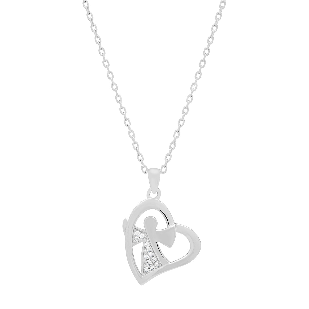 Sterling Silver Heart-shaped Pendant With Angel Inside With Crystals and Chain