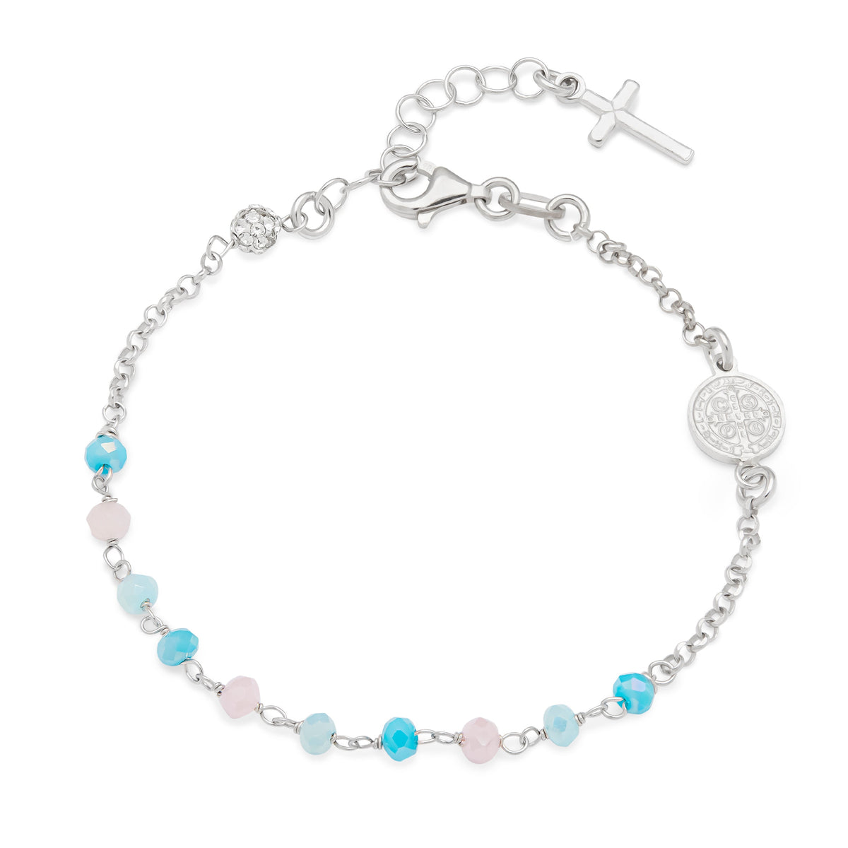 Sterling Silver Bracelet With Light Blue Beads and St. Benedict Medal