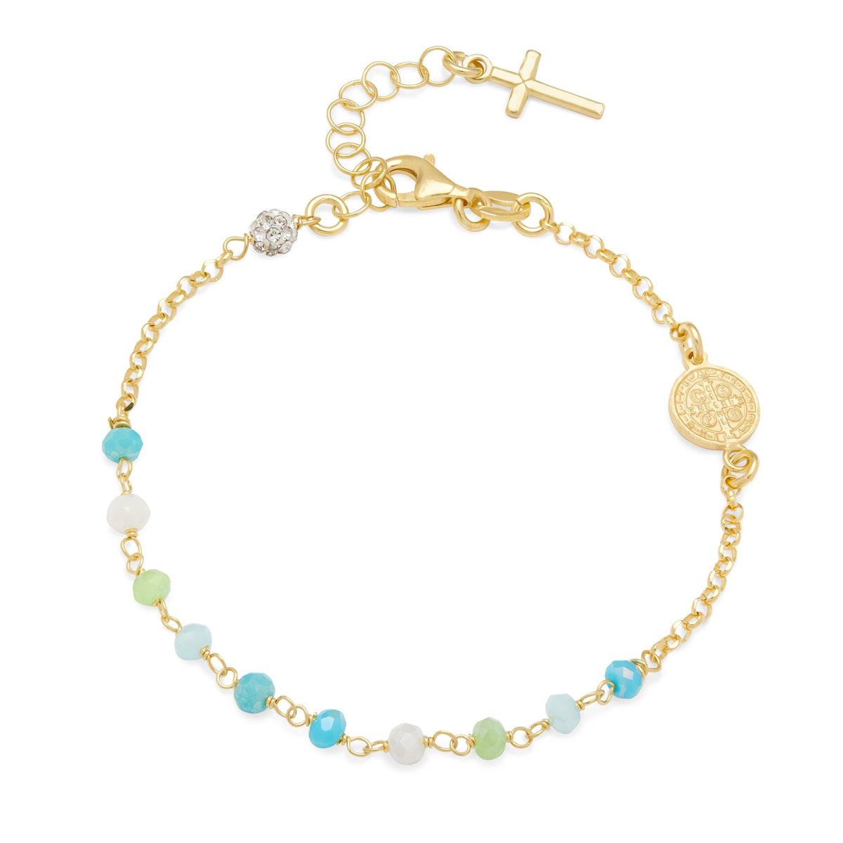Gold-plated Sterling Silver Bracelet With Light Blue Beads and St. Benedict Medal