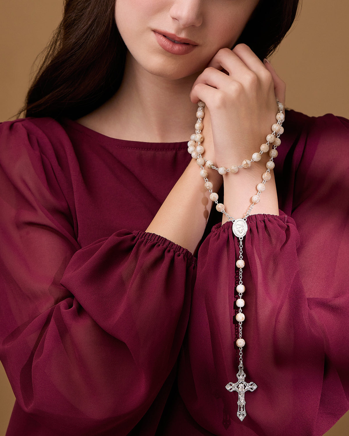 White and Rose Marble Effect Rosary