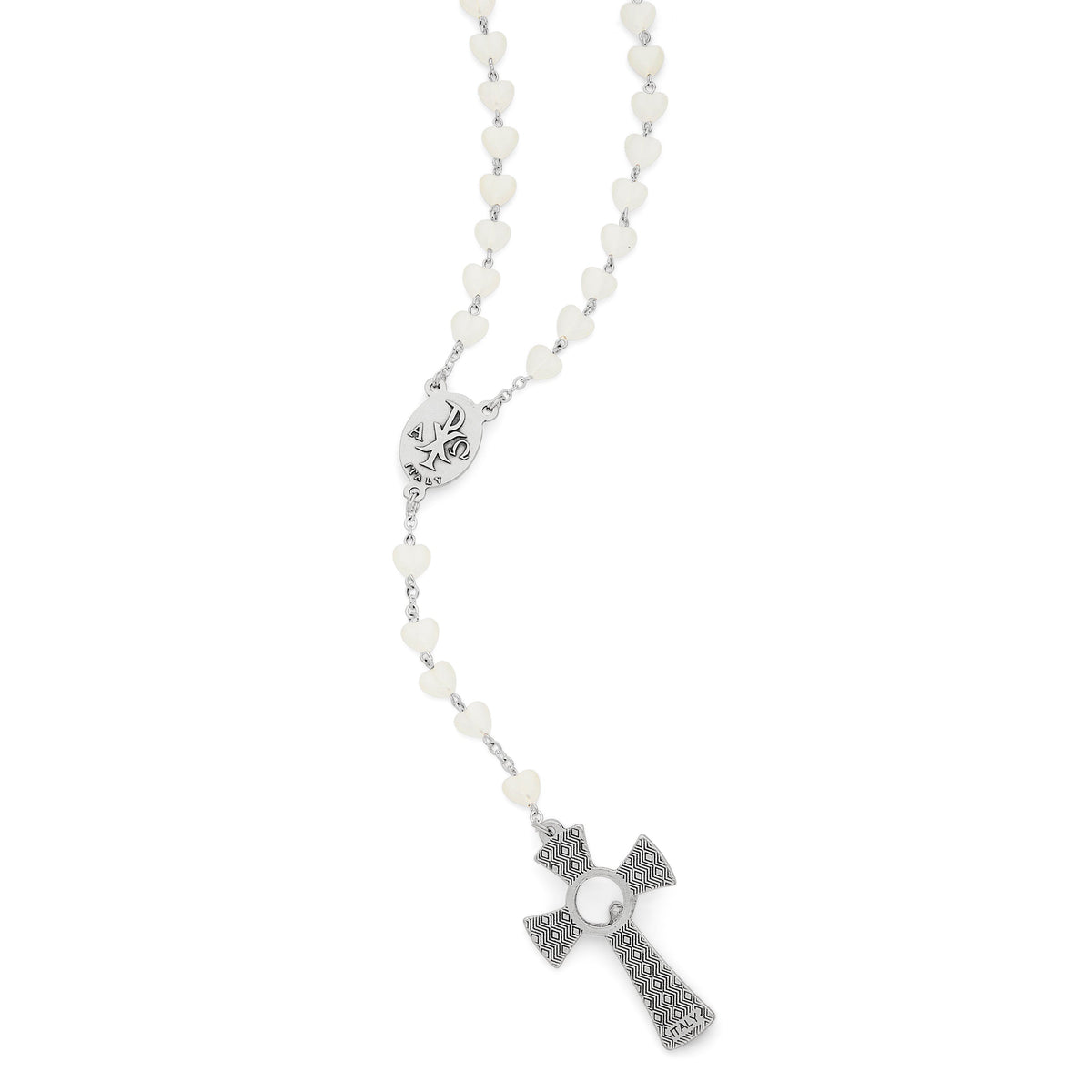White Rosary with Heart-Shaped Cat Eye Beads