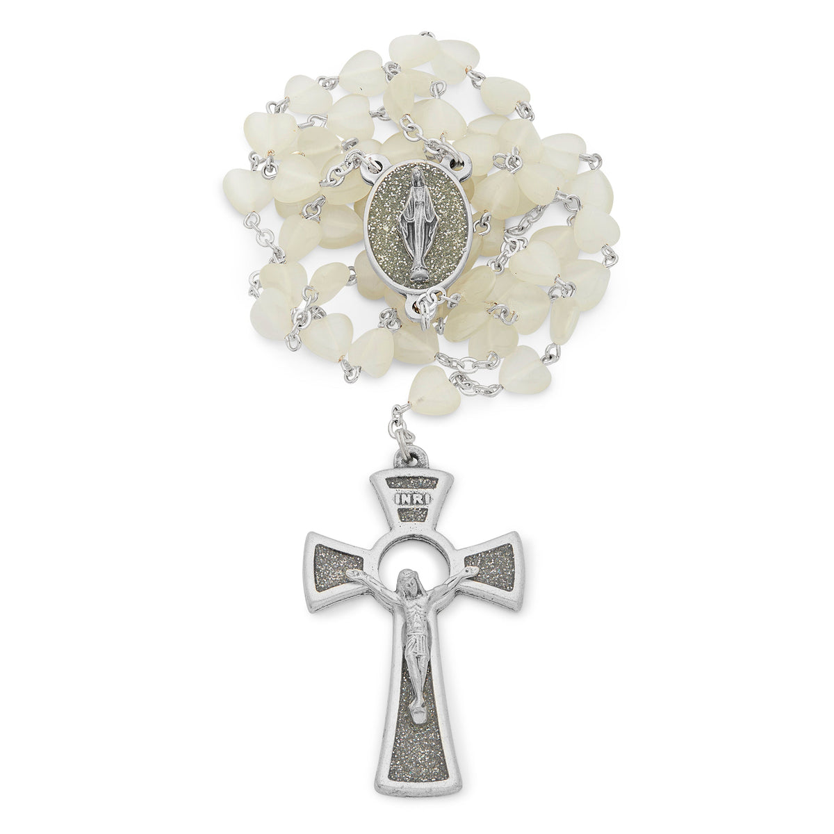 White Rosary with Heart-Shaped Cat Eye Beads