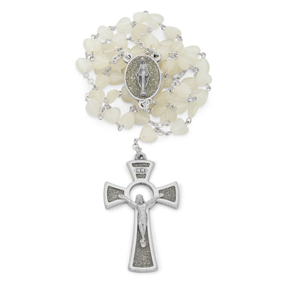 White Rosary with Heart-Shaped Cat Eye Beads