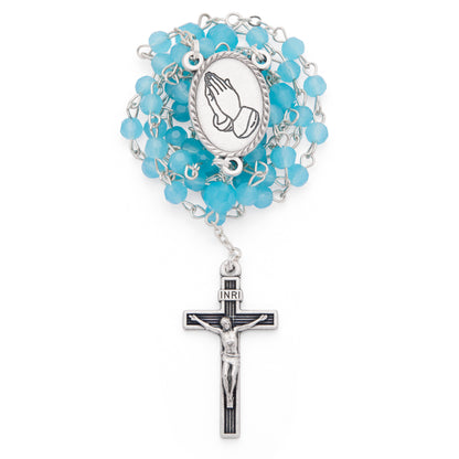 White Enamel Pope Leo XIV Rosary Case with Light Blue Rosary