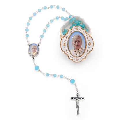 White Enamel Pope Leo XIV Rosary Case with Light Blue Rosary