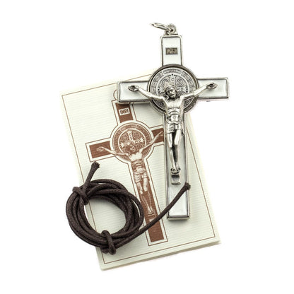 White Enamel Saint Benedict Cross with Rope Chain