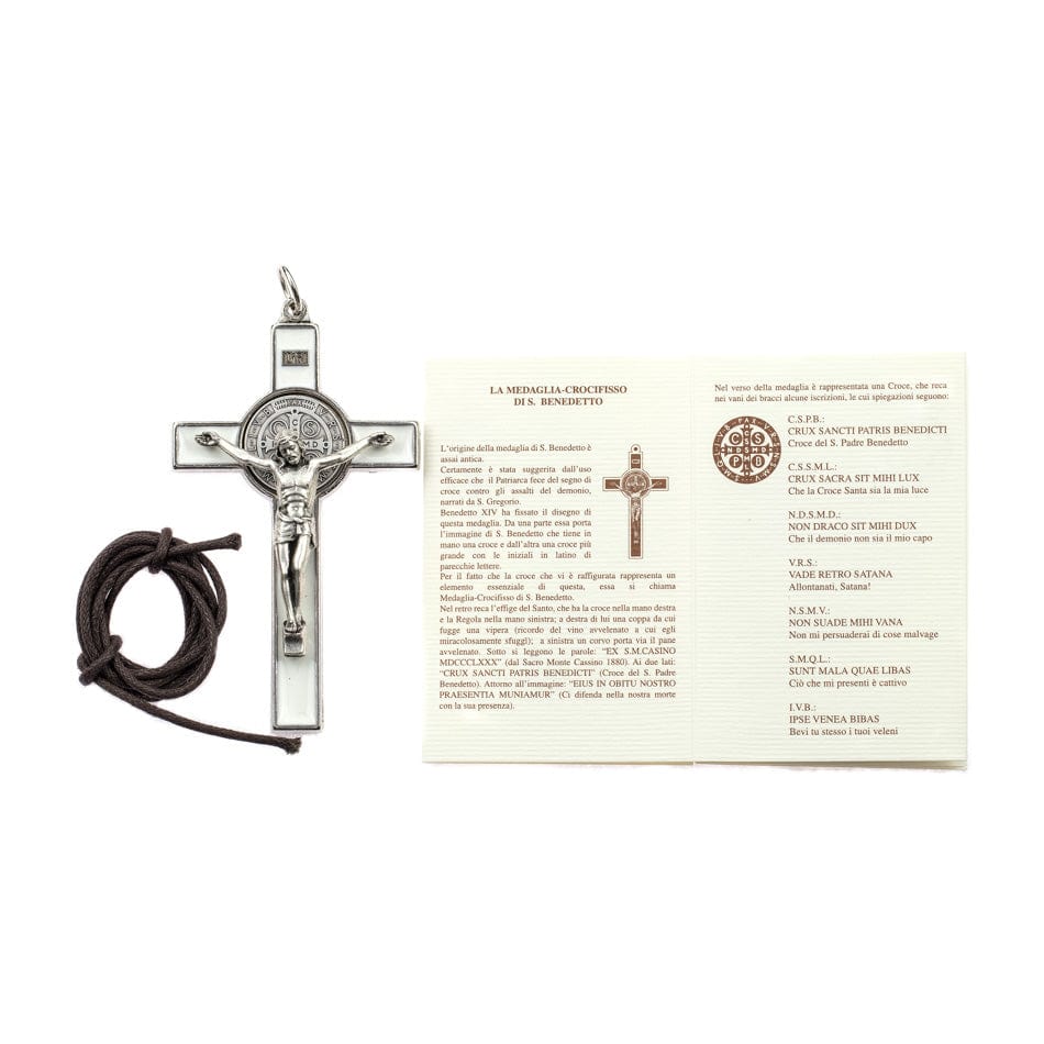 White Enamel Saint Benedict Cross with Rope Chain