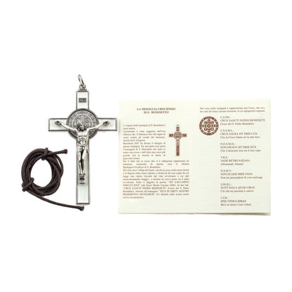 White Enamel Saint Benedict Cross with Rope Chain