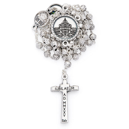 White Enameled Jubilee 2025 Rosary Case With Rose-shaped Beads Rosary
