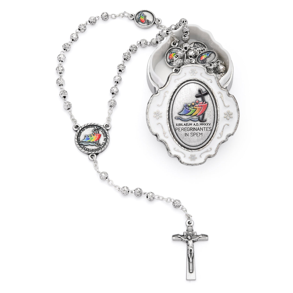 White Enameled Jubilee 2025 Rosary Case With Rose-shaped Beads Rosary
