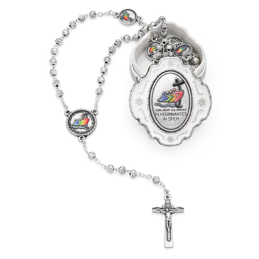 White Enameled Jubilee 2025 Rosary Case With Rose-shaped Beads Rosary