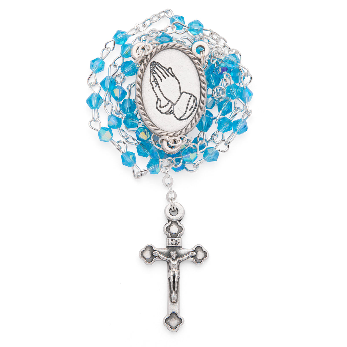 Small White Enameled Pope Leo XIV Rosary Case with Light Blue Rosary