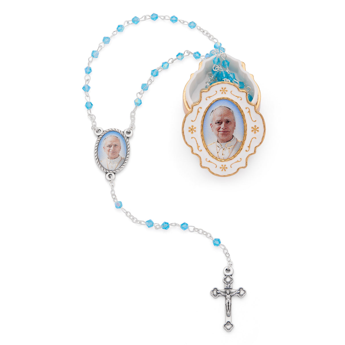 Small White Enameled Pope Leo XIV Rosary Case with Light Blue Rosary