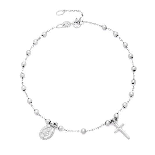 White Gold Adjustable Bracelet with Miraculous Medal and Cross Pendants