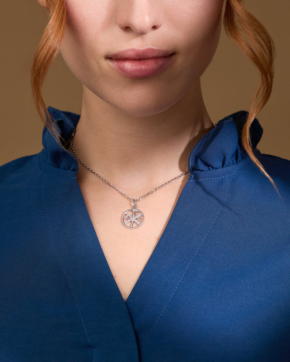 White Gold Chi Rho Medal With Cubic Zirconia Details