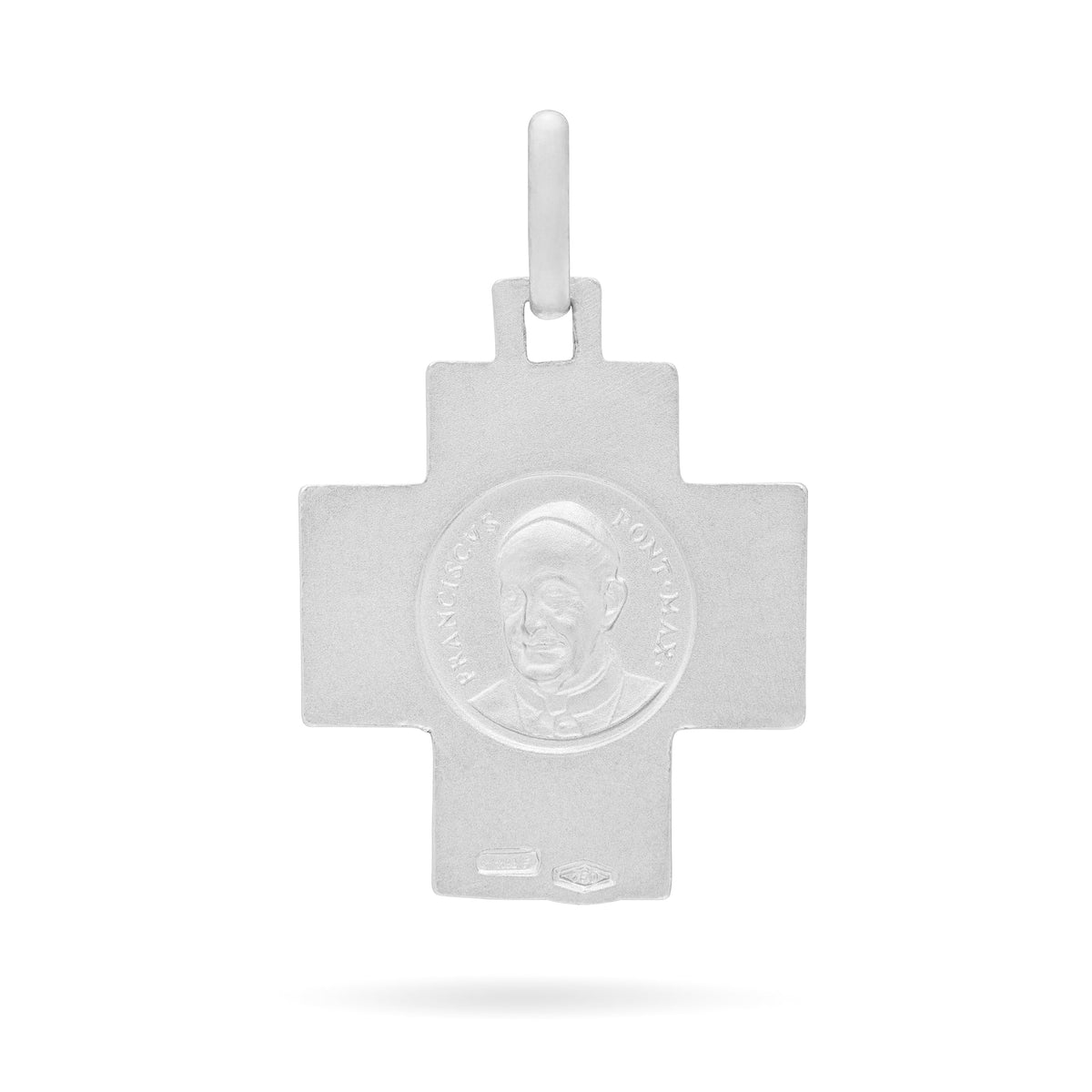 White Gold Cross-shaped Chi Rho Medal With Pope Francis in the Back