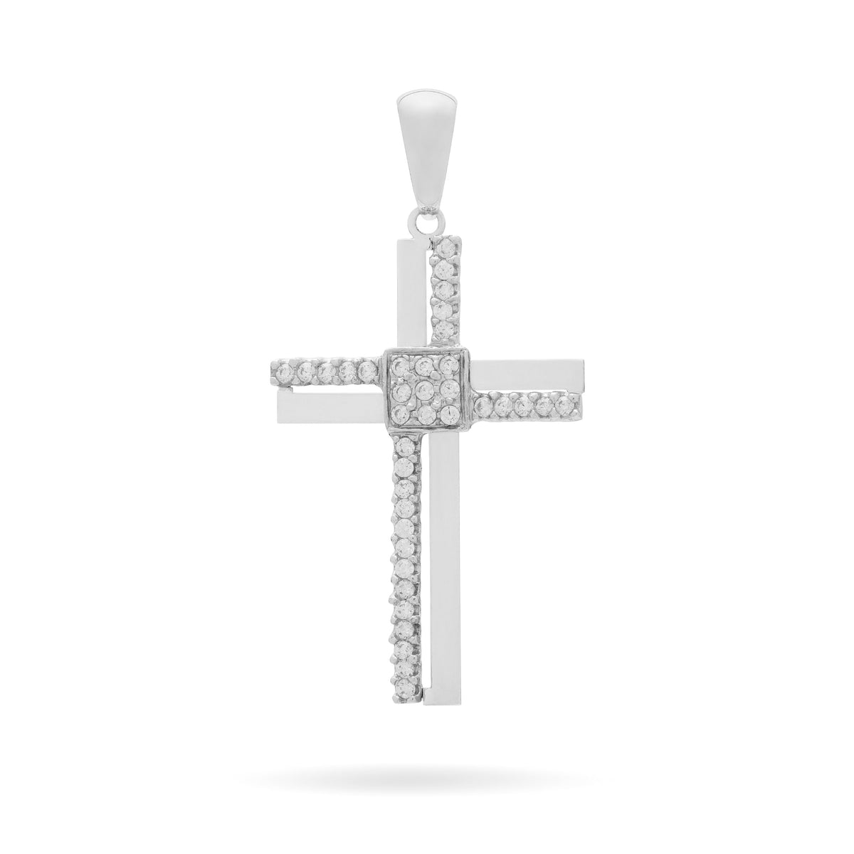 White Gold Double Cross Pendant With Cubic Zirconia