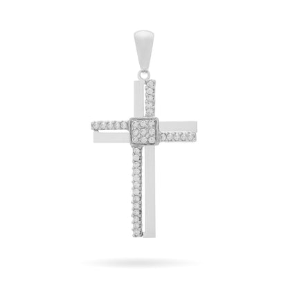 White Gold Double Cross Pendant With Cubic Zirconia