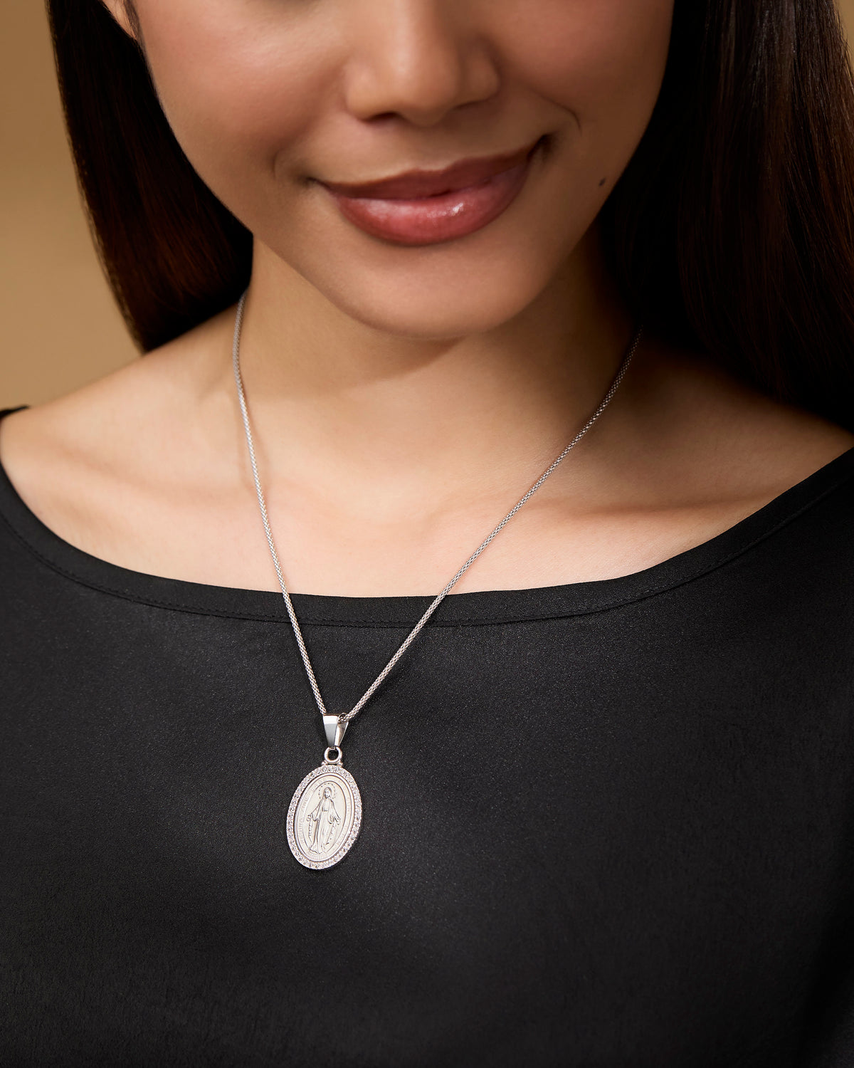 White Gold Miraculous Medal with Cubic Zirconia and Polished Bail
