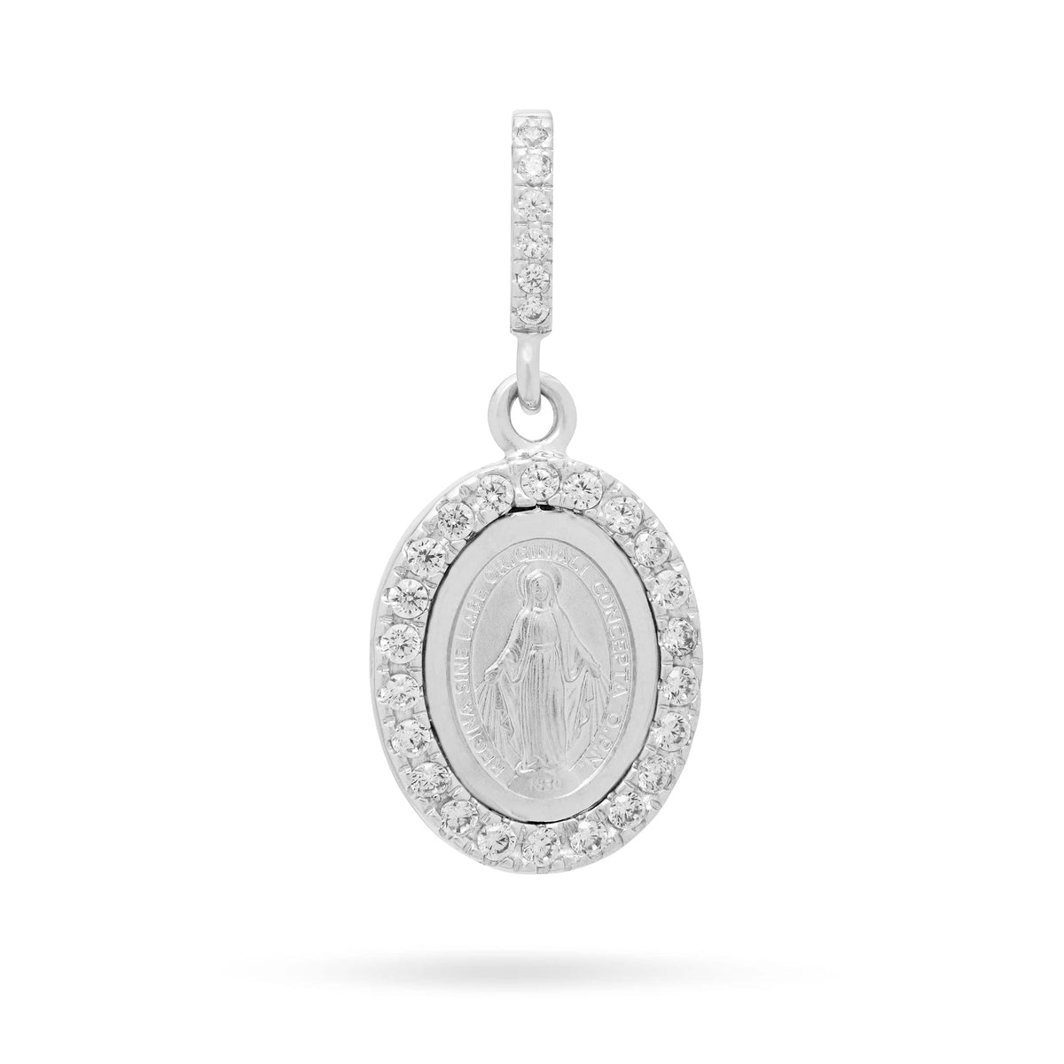 White Gold Miraculous Medal with Cubic Zirconia and Pavé Bail