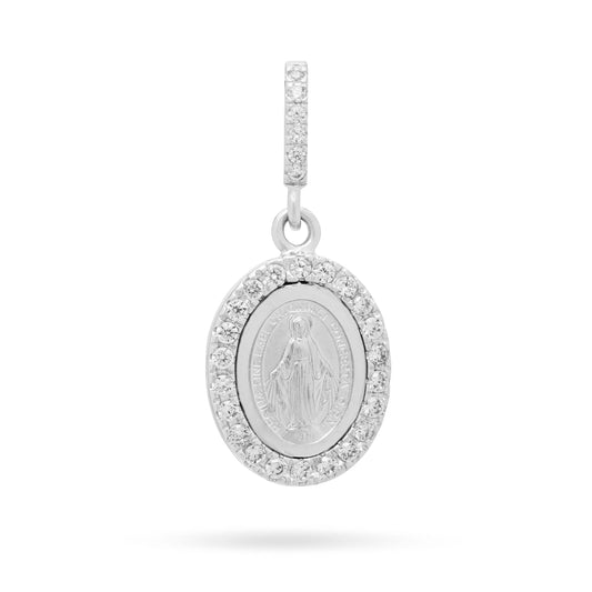 White Gold Miraculous Medal with Cubic Zirconia and Pavé Bail