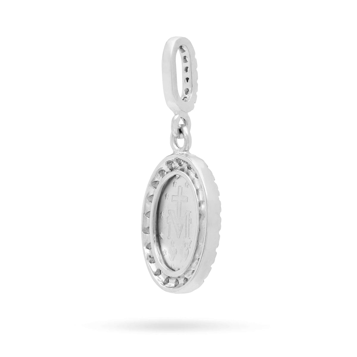 White Gold Miraculous Medal with Cubic Zirconia and Pavé Bail