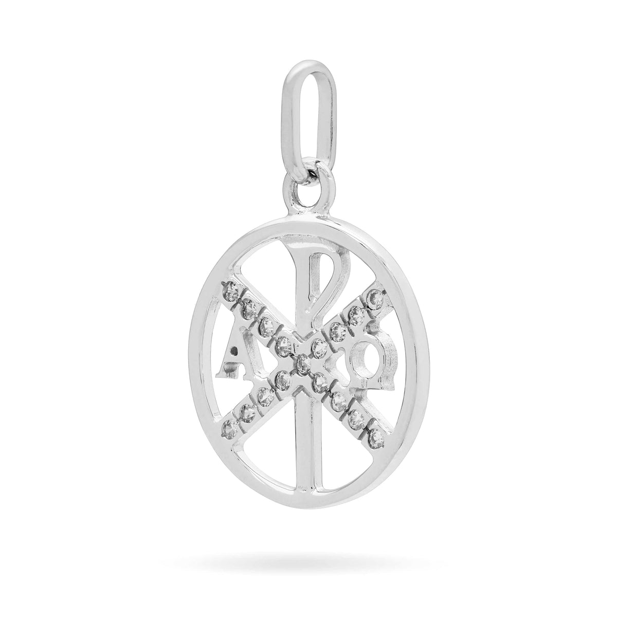 White Gold Chi Rho Medal With Cubic Zirconia Details